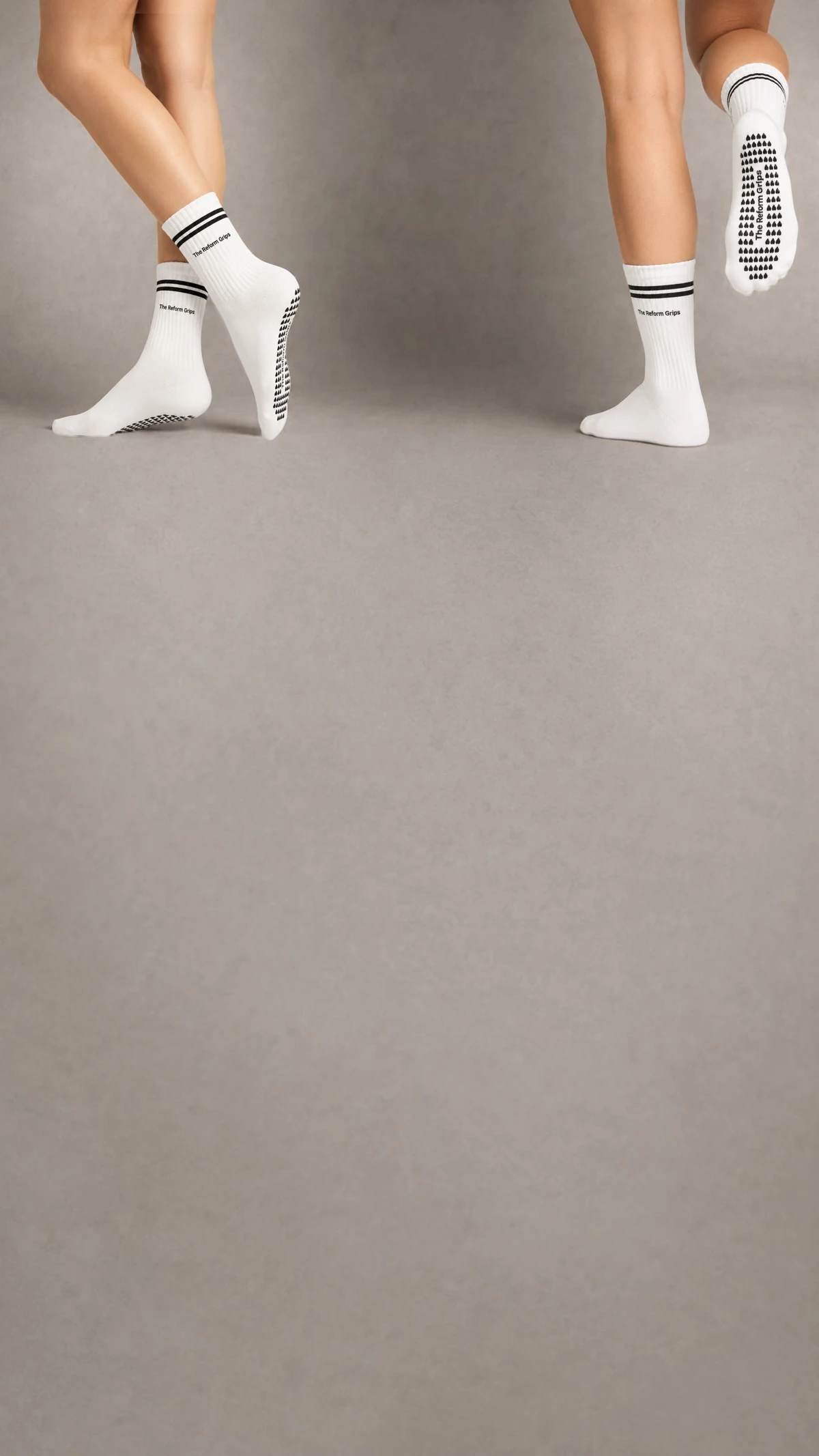 Models wearing white Reform Grips crew socks, one showing the printed grip sole
